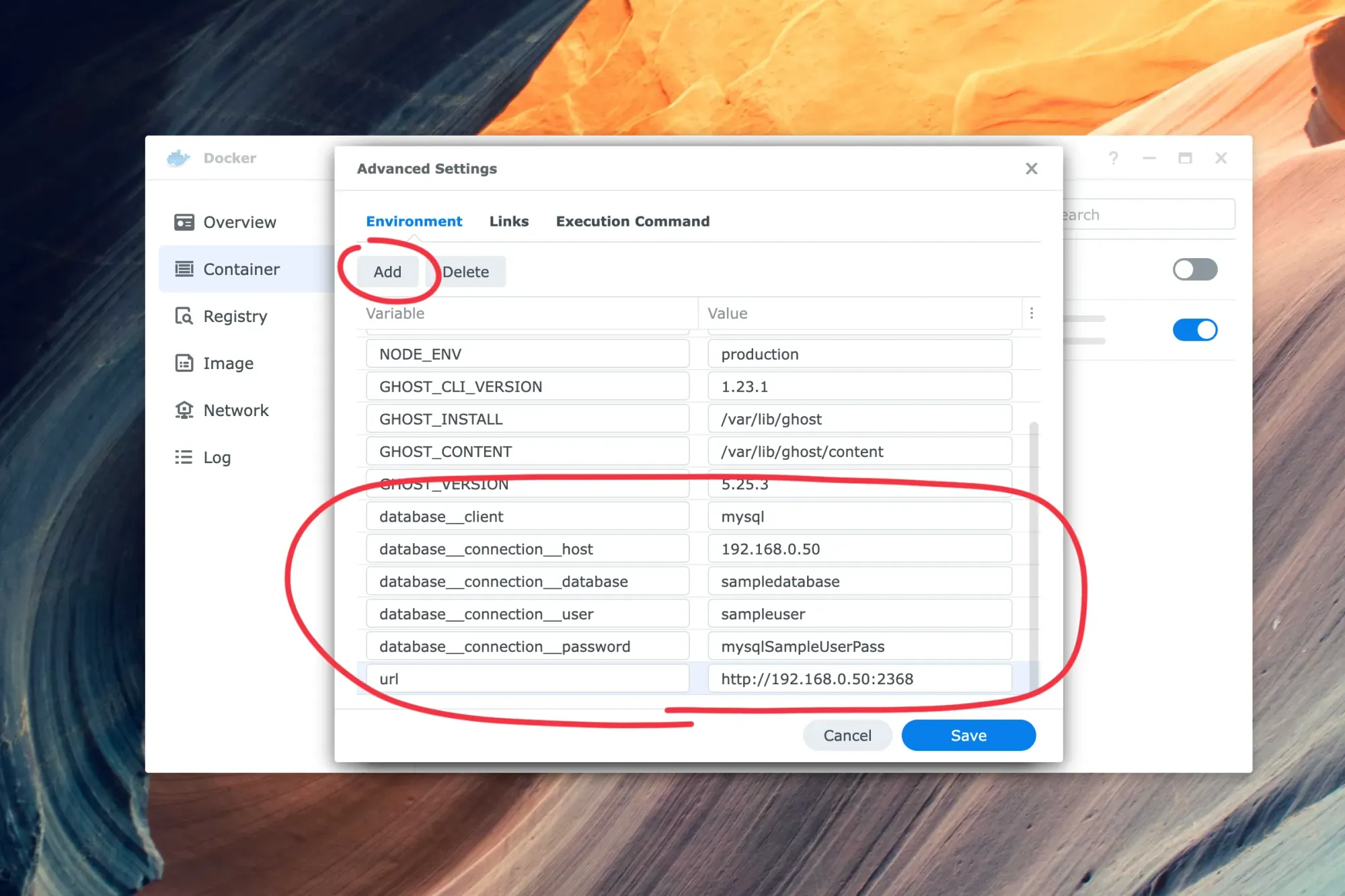 Create Container - Advanced Settings and environment variables