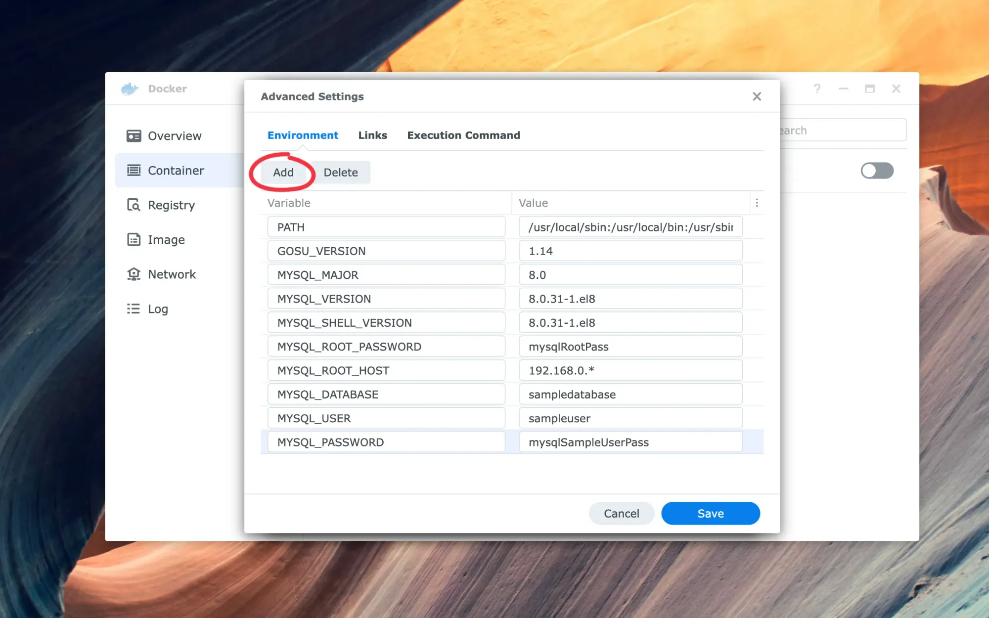 Create a Container - Enter environment variables