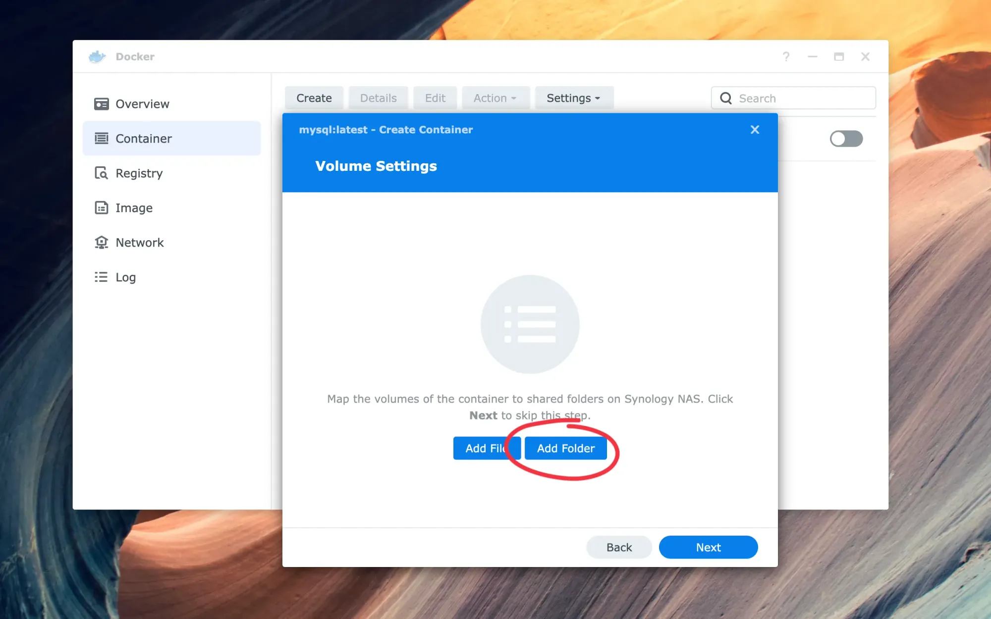Create a container - Volume Settings: Add folder