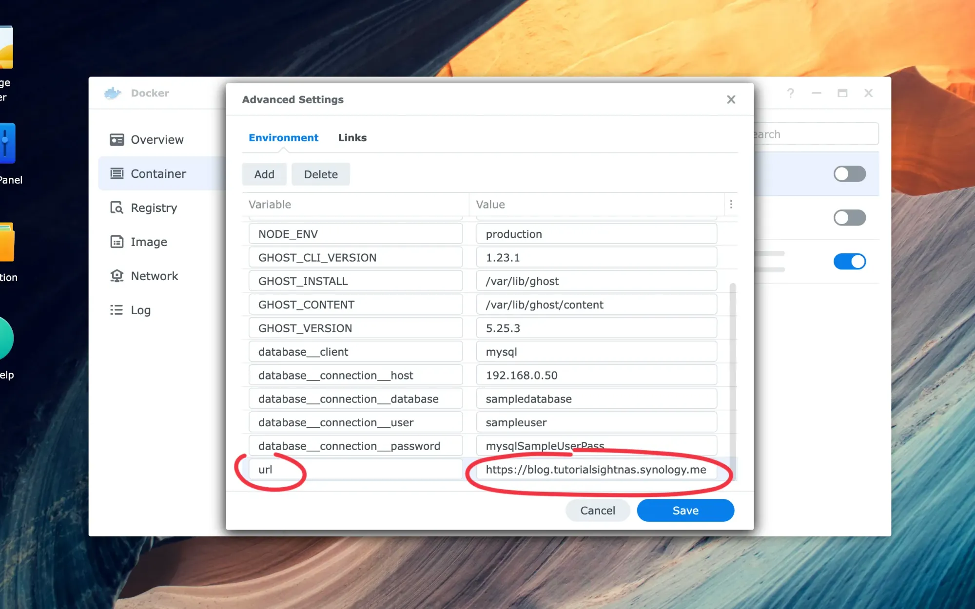 Update Ghost URL in Docker Container Environment Variables